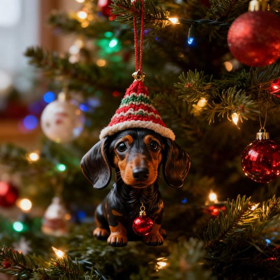 1/7Pcs Christmas Acrylic Dachshund Hanging Decoration Car Rearview Mirror Xmas Tree 2D Flat Santa Hat Dog Hanging Ornament Holiday Party Pendant