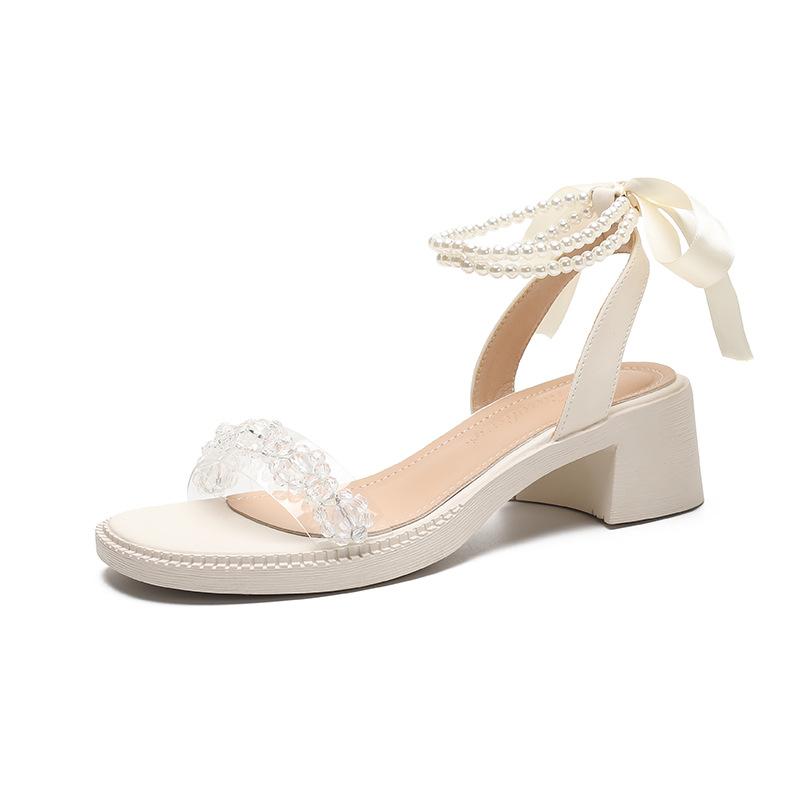 Rhinestone Sandals Women's Pearl Bow Leaky Toe Women's Shoes Fairy Shopping Sandals Women