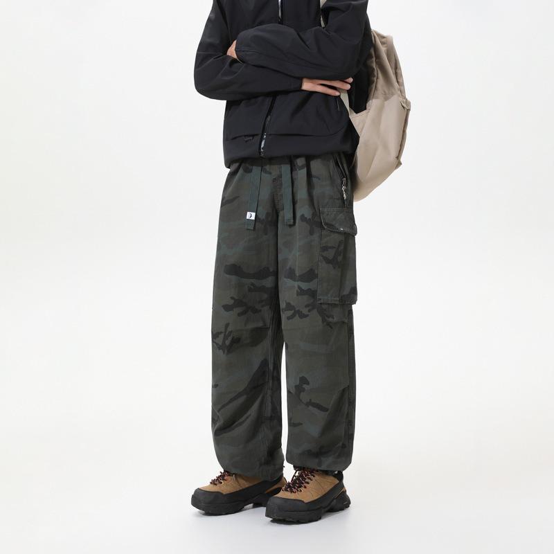 Men's Trendy Straight Casual Pants Camouflage Fashion Multi-pocket Overalls Blue Versatile Wide-leg Pants