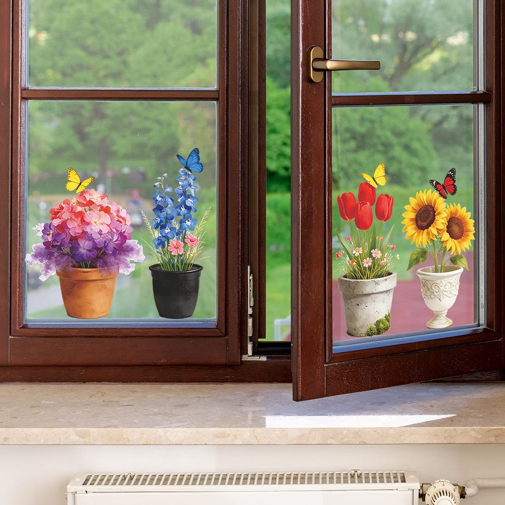 Creative Painted Potted Flower and Butterfly Home Balcony Glass Stickers