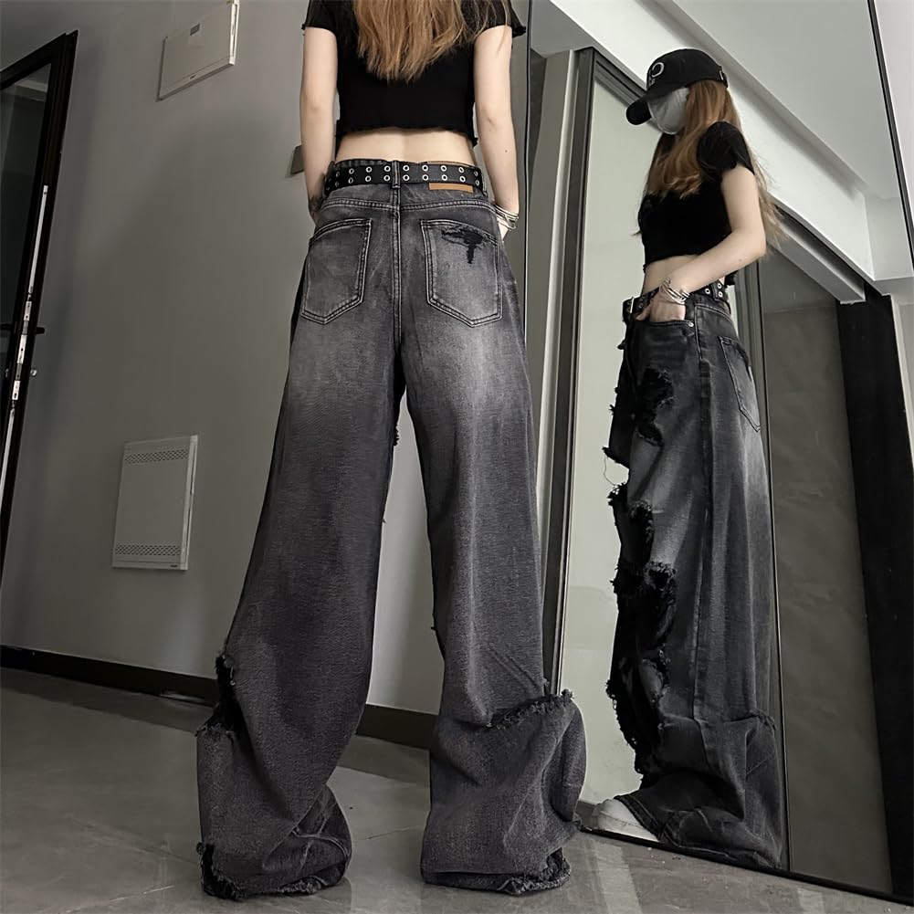 JQBFL Distressed Denim Loose Wide Leg Washed Fashionable Long Distressed Street Perfect for Commuting and School Women's Pants, Fit, Pants, Jeans,