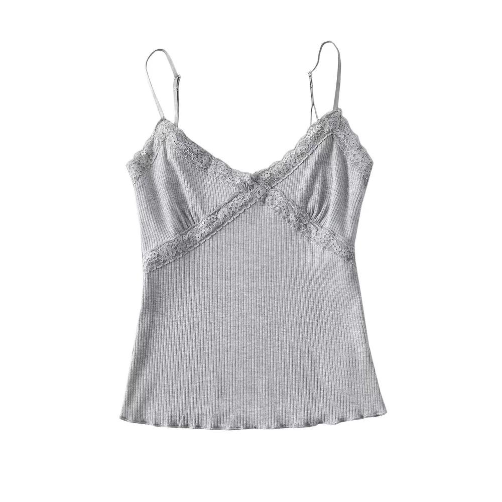 Summer 2023 Lace Trim V-Neck Stretchy Bodycon Camisole Tank Top for Women