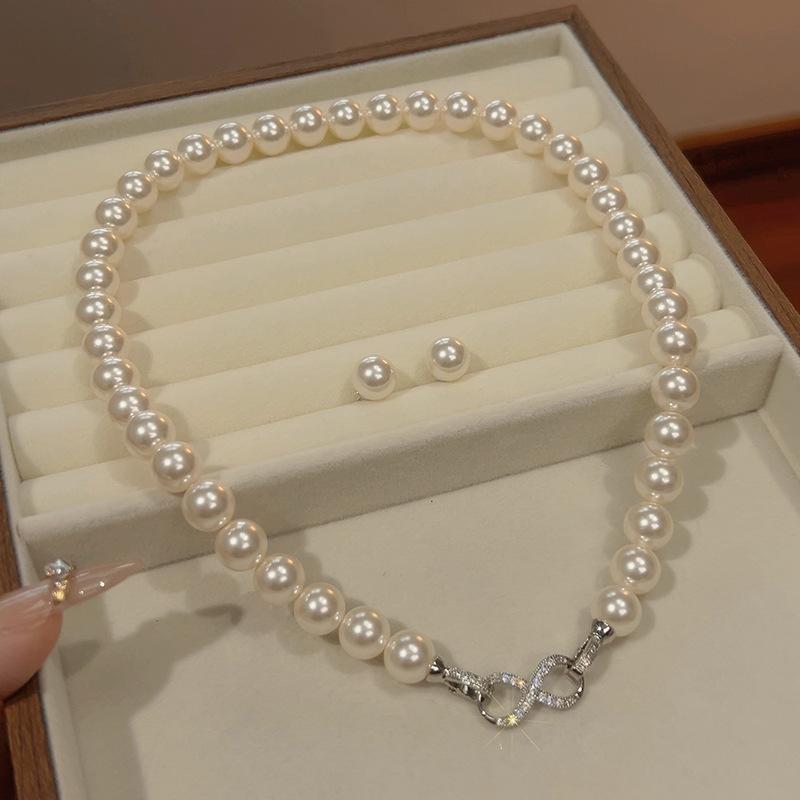 Pearl Set, Necklace, Stud Earrings, Eight-Figure Buckle Stacked, Double Chain Women'S Earrings.