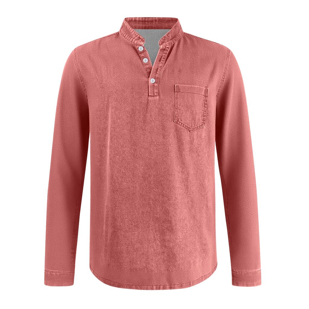 Men's Henley Long Sleeve T-Shirt Vintage Washed Denim Casual Tops Button Down Crew Neck Loose Fit Daily Streetwear for Men