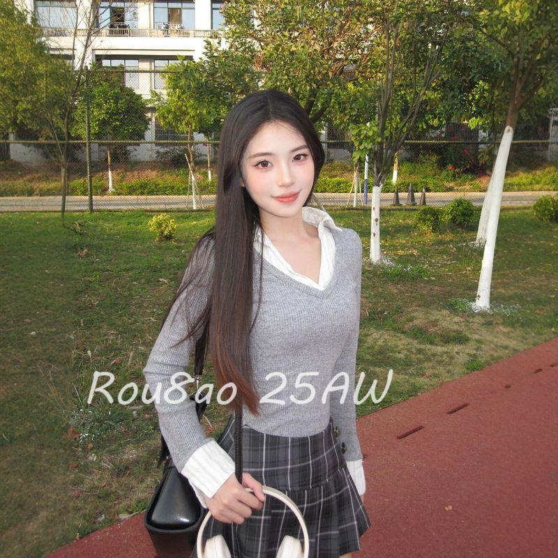 Rou8Ao Plus-Size Women s Clothing Korean Style College Style Fake Two-Piece Top Pleated Skirt Two-Piece Set for Women 2026 Spring Gray Top L