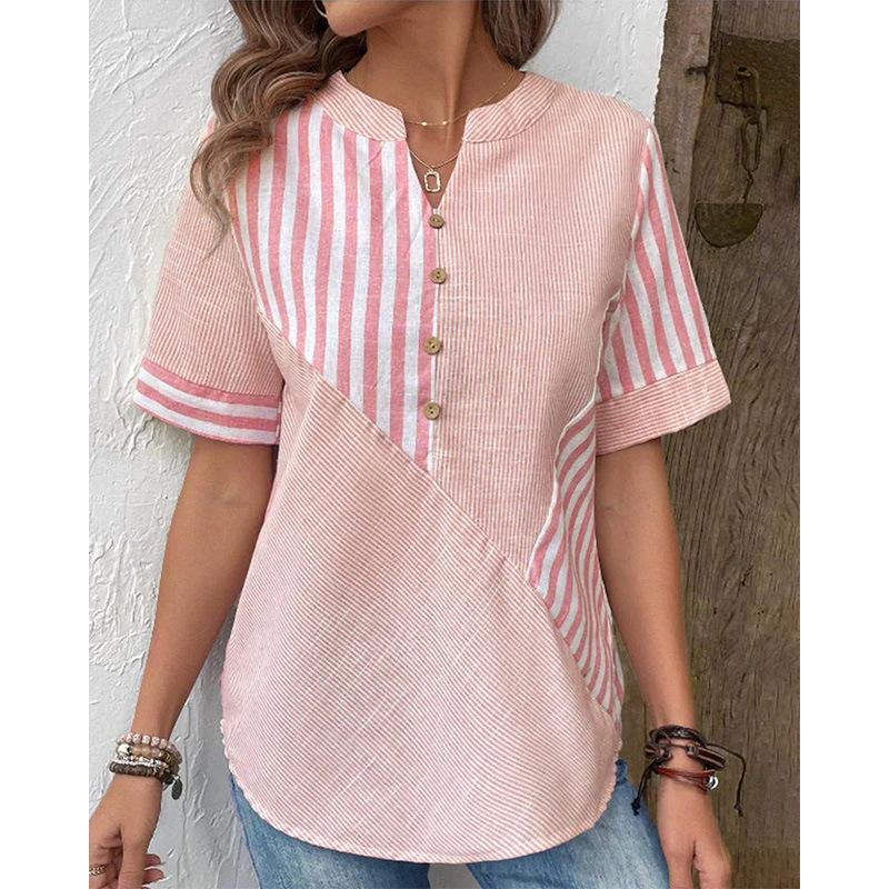 

Летняя свободная женская блузка с коротким рукавом в полоску, повседневная, на пуговицах, с неровной аппликацией, модные элегантные топы, V-образный вырез, простая одежда S розовый
