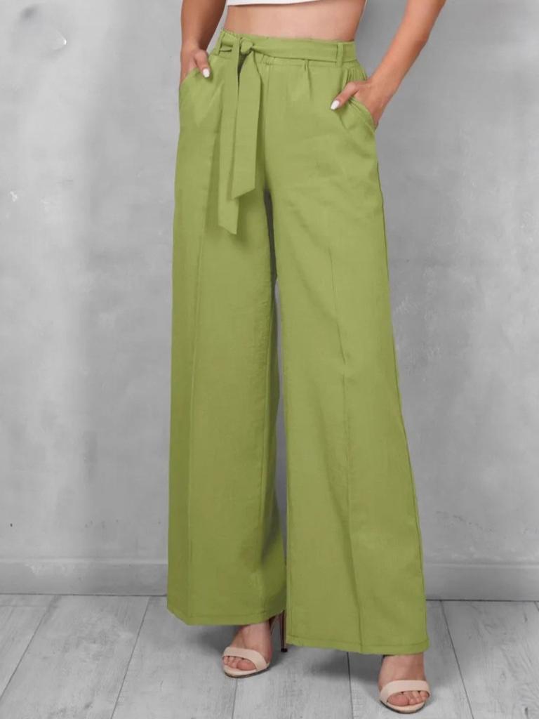 Women Tie Waist Wide Leg Pants Solid Color Casual Loose Fit Long Trousers