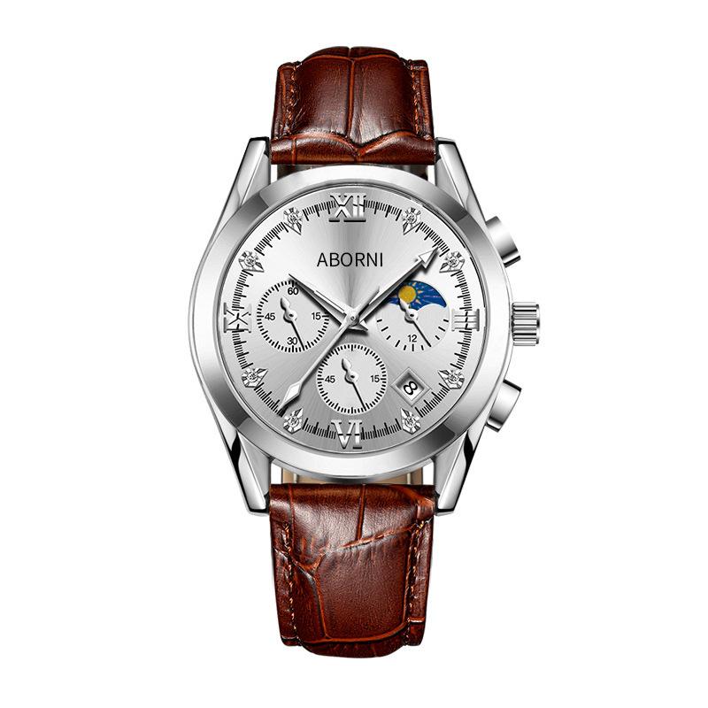 

ABORNI Роскошные мужские наручные часы с хронографом, водонепроницаемые, светящиеся, мужские часы из кожи, высококачественные спортивные кварцевые часы для мужчин белый/серебряный