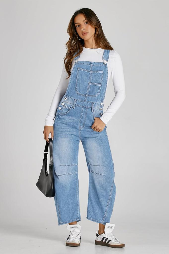 Womens Denim Bib Overalls Barrel Leg Baggy Jean Jumpsuit With Pockets