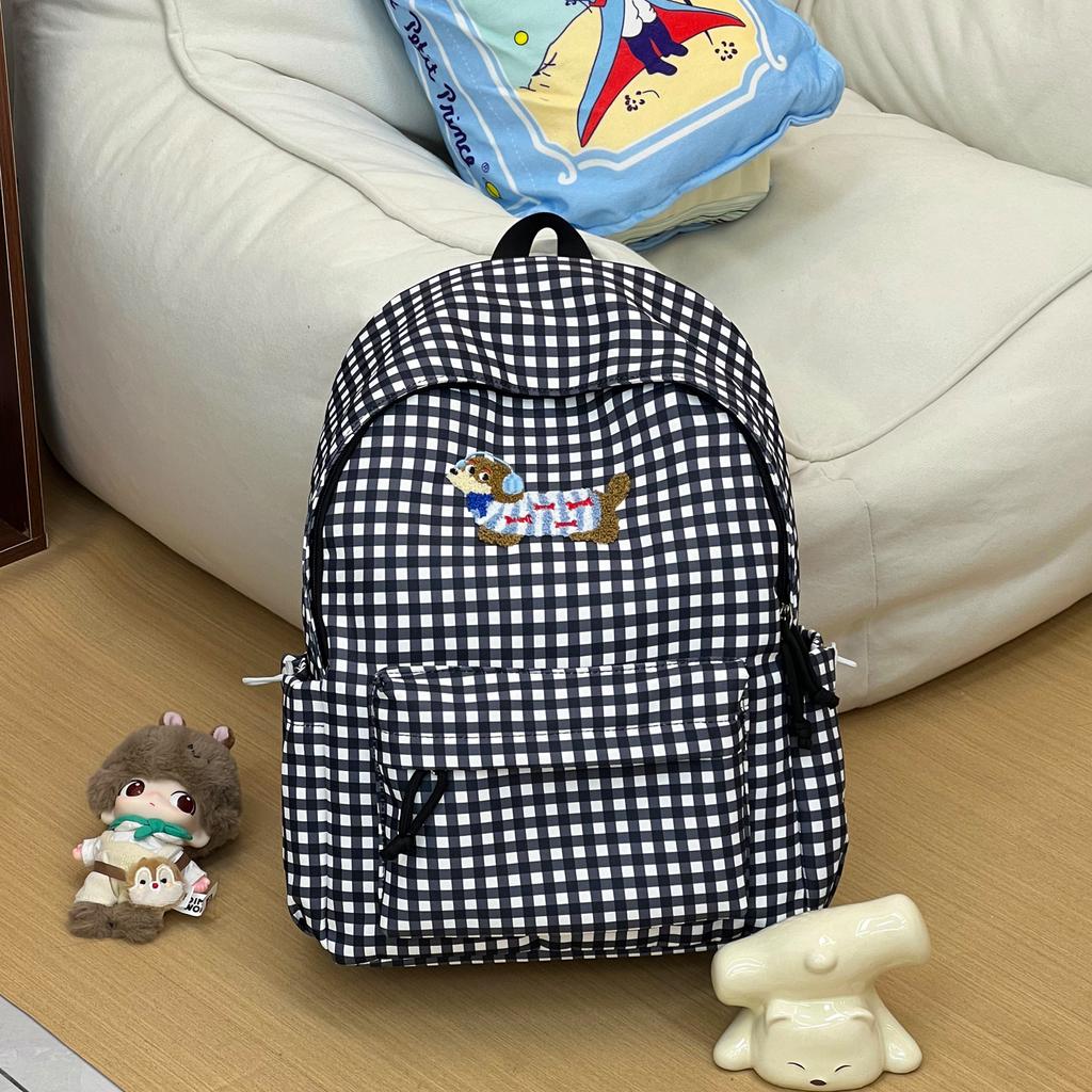 Schoolbagins Cartoon Puppy Backpack Women's Fashion Versatile Plaid Student School Bag Large Capacity Casual Backpack