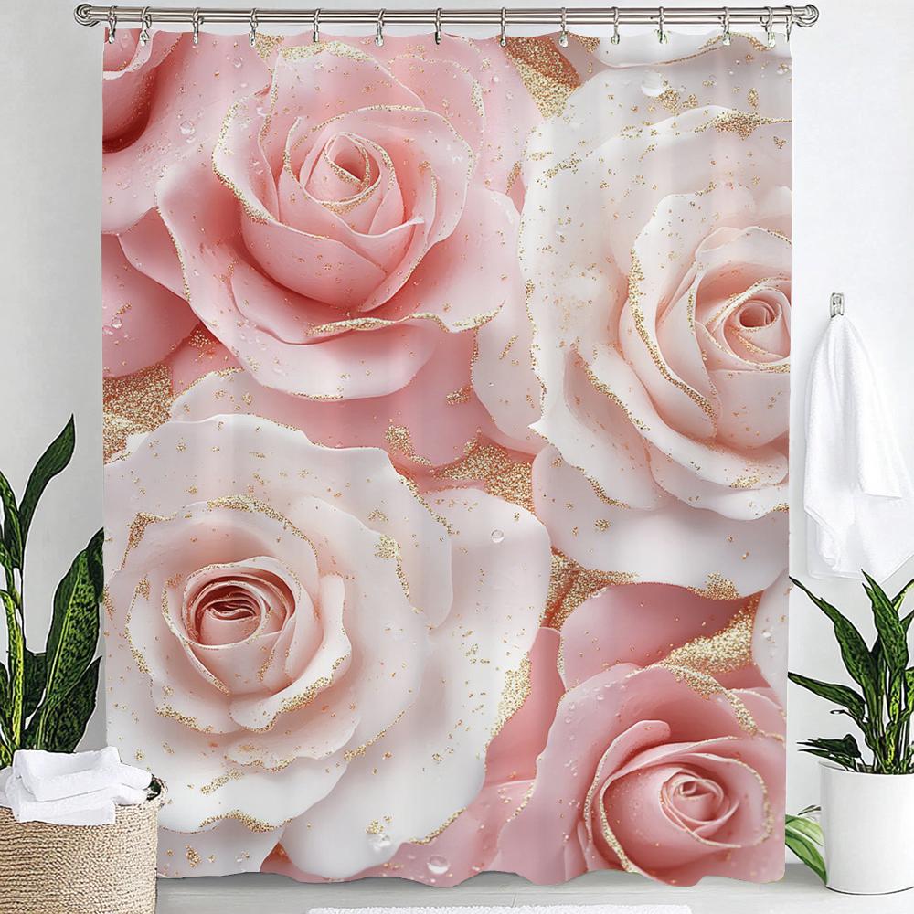 Rosa Blumen Duschvorhang für Damen, Braut, Hochzeit, Rosa Blumen, Romantisch, Geeignet für Mädchen, Hängender Vorhang Mit Haken