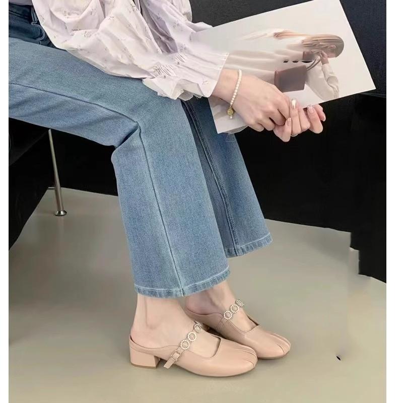 Niche design thick heel bag head half slippers women wear summer new rhinestone strap shoes 40 розовый 3340₽