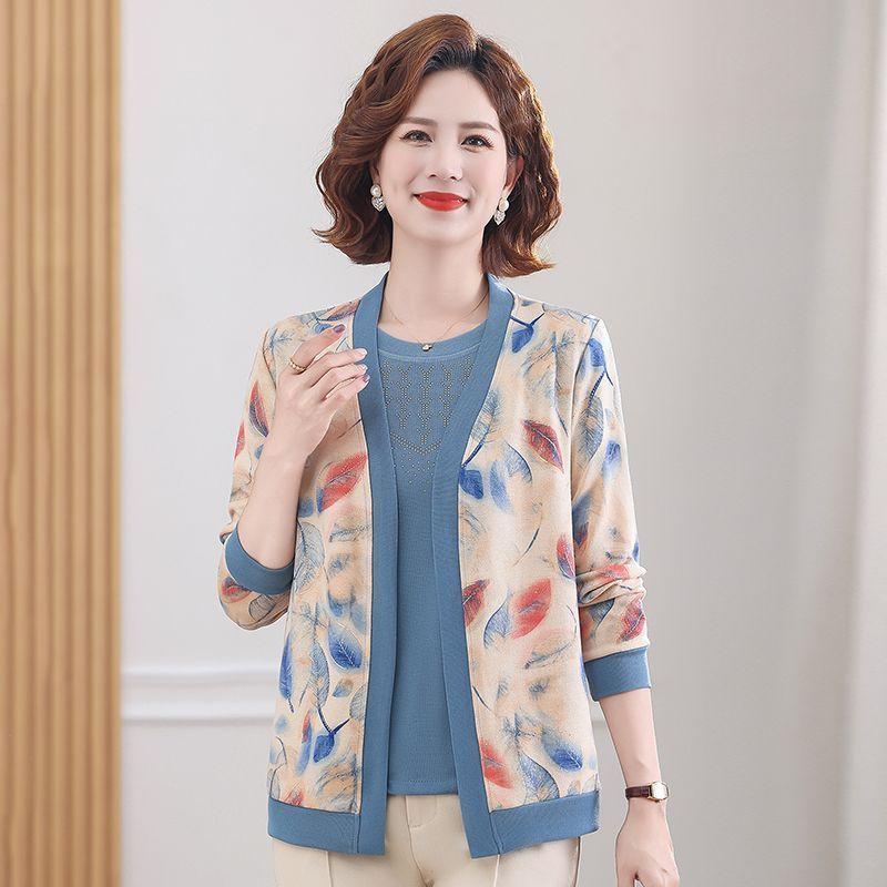 Women's Knit Top Two-Piece Set for Spring Women's Printed Knit Cardigan Round Neck Knit Short Sleeve T-Shirt Two-Piece Set Outdoor Wear