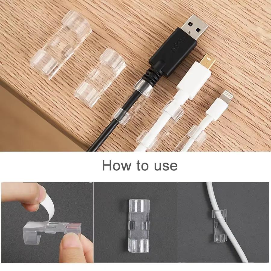 Clear Plastic Cable Clips Organizer,Multi-Size Cord Holders,Reusable Wire Management for Desk,Office-Easy Clean,Keep Cables Neat