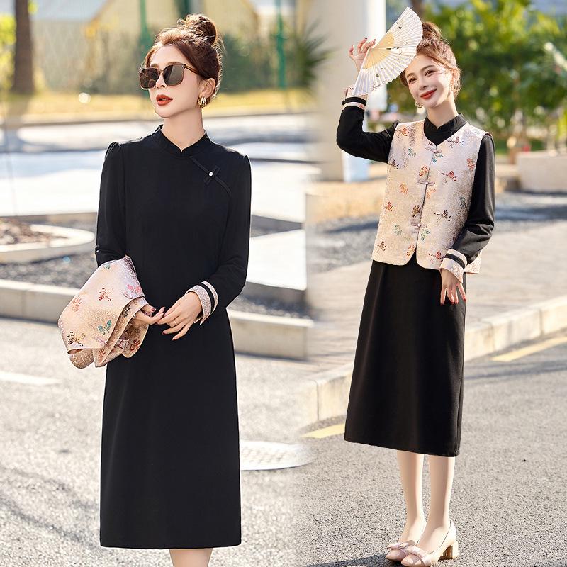 

Женский комплект платья и жилета в китайском стиле с воротником-стойкой, весна 2025, YB8852 M (90-110 jin) розовый