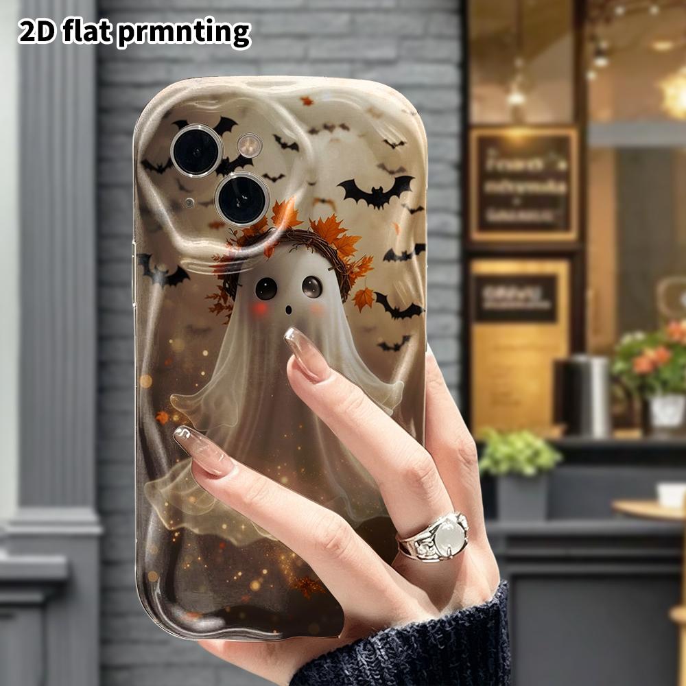 Phone Case: 2D Flat Design, Fits iPhone 12 To 18 Pro, Phone Decoration, Transparent Ghost with Wreath, Perfect for Halloween and Christmas Gifts