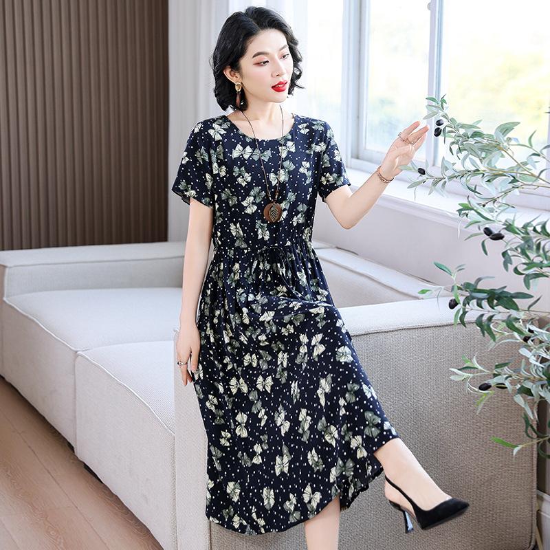 Women's Short Sleeve Midi Dress Round Neck Mid Rise Casual Floral Print A-Line Dress