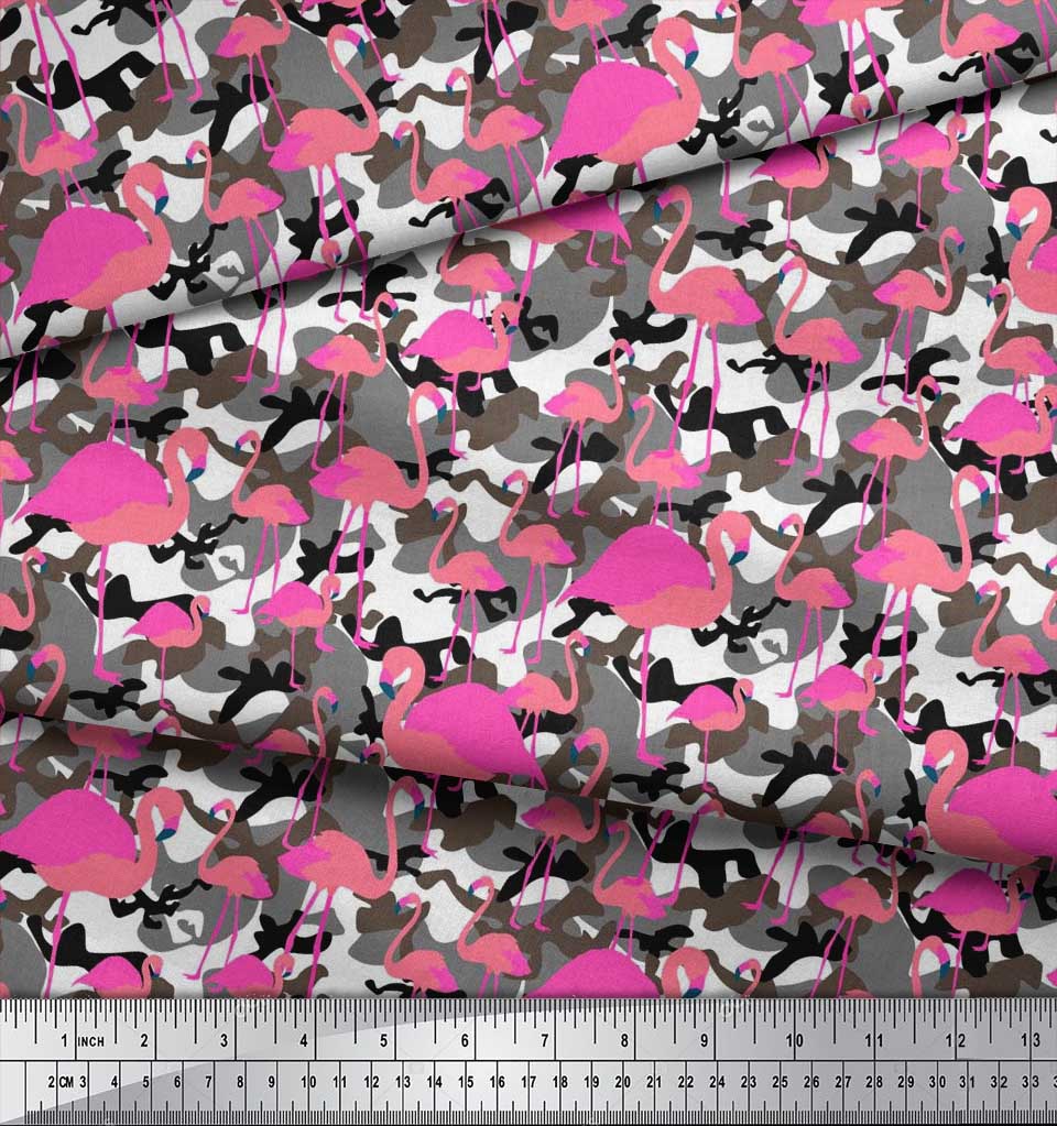 Soimoi Japan Crepe Satin Fabric Camouflage Texture & Flamingo Bird Printed Craft Fabric by the Metre 42 Inch