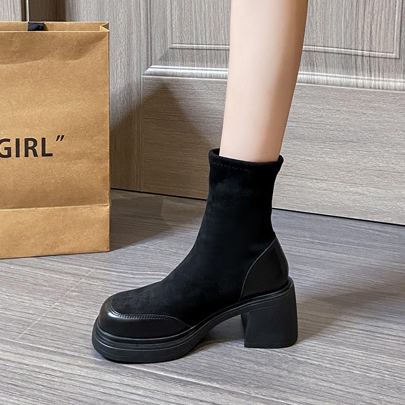 New Style Popular Fashion Platform Women's High-Heeled Boots Lady Fabric Comfortable Rubber Hoof High-Heeled Boots Zapatos Mujer