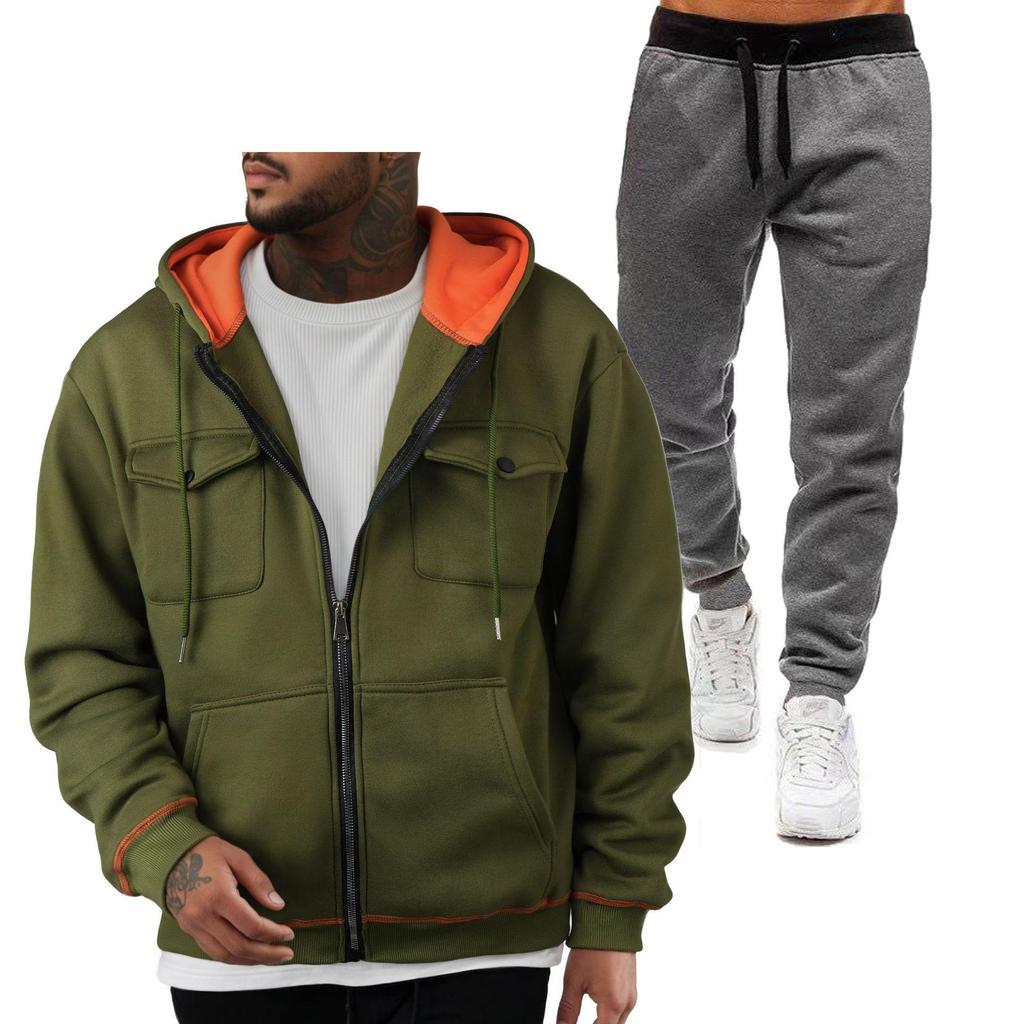 Men's European Size 220g Zip-Up Hoodie and Sweatshirt with Double Pockets - Sporty Casual Set