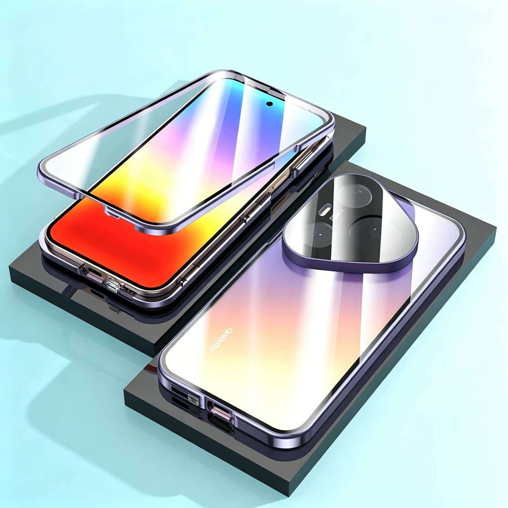 Custodia per Huawei Pura 80 90 P70 Pro Pro+ Ultra con Vetro Temperato Bi-facciale e Cornice Metallica, Paraurti per Telefono, Copertura di Protezione Completa per Lente