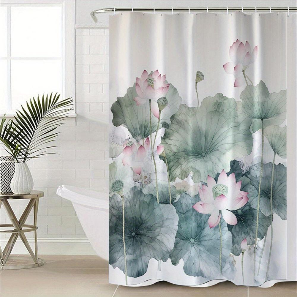1pc Ink Lotus Leaf Digital Printed Polyester Shower Curtain, Waterproof, With Hook, Cartoon Animal Theme, Machine Washable