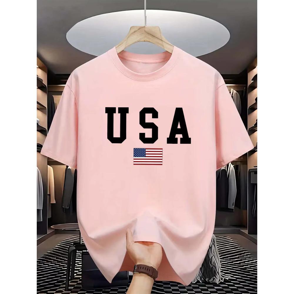 Men's Summer 100% Cotton Fashionable Casual Loose Fit USA American National Flag Graphic Round Neck Short Sleeved T-shirt Top