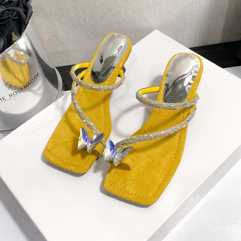 

Rhinestone thin heel cover toe cool slippers women s 2025 summer new Korean version Internet celebrity bow fashion wear high heel slippers 40 жёлтый