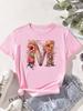 A B C D E Alphabet Anglais Impression Florale Rose T-shirt Femme Nouveau Été Féminin T-shirt Harajuku Décontracté Hauts T-shirts
