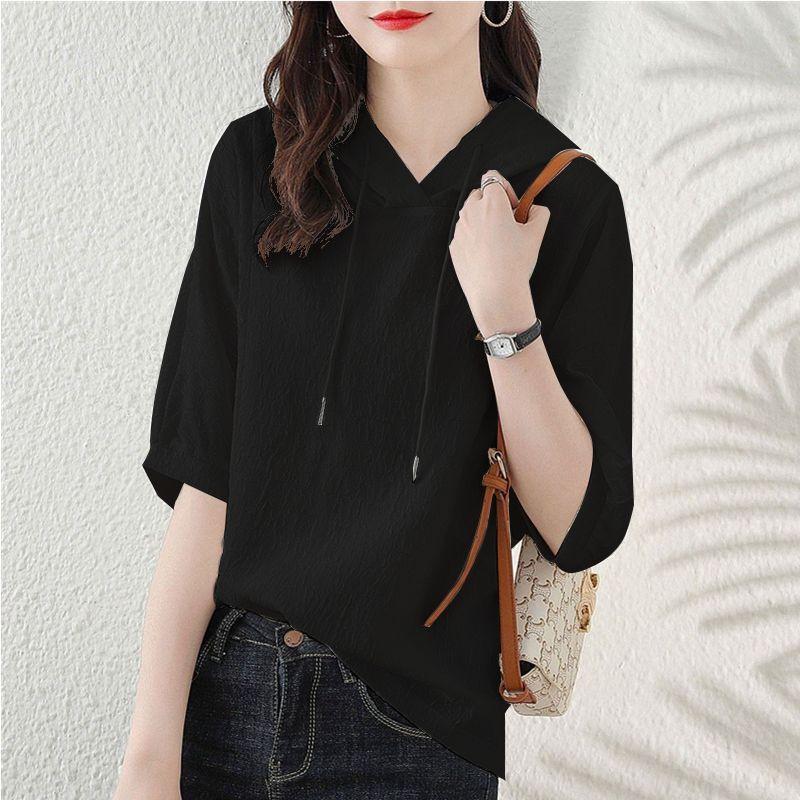 2024 Vară Minimalist Talie Înaltă Fantă Model Textură Larg Casual Sport Versatil Culoare Solidă Hanorac cu Glugă cu Mânecă Scurtă