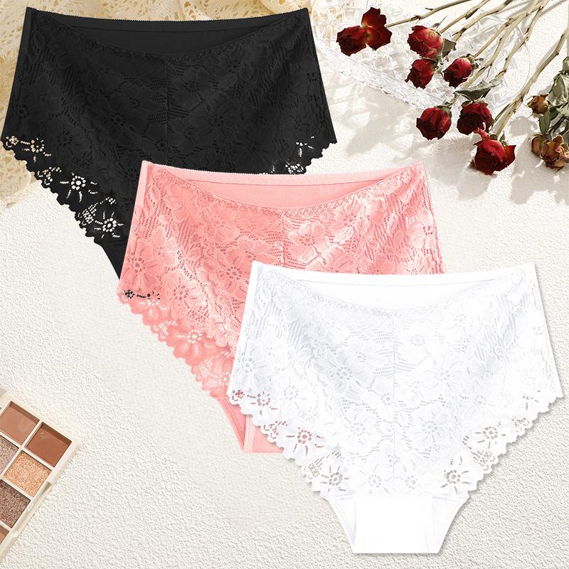 FINETOO 3 Pezzi Mutandine da Donna a Vita Media in Pizzo Sexy Colore Unito Rifiniture in Pizzo Biancheria Intima Femminile Lusso Svuotate Slip Comodi Traspiranti Lingerie