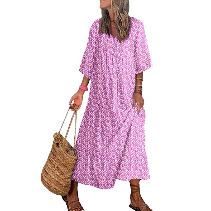 

США Шийинг Ретро Принт V-образный вырез Половина рукава Платье Женское 2025 Лето Новое Свободное Скрывающее живот Длинное платье Pink L code fits (62.50 kg-70.00 kg