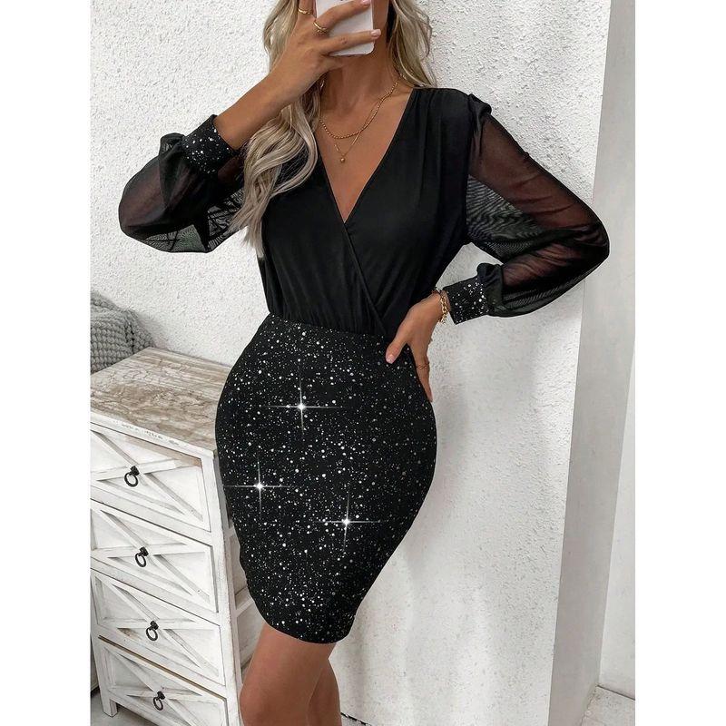 

Women s Solid Color Mesh Patchwork Dress Solid Mesh Patchwork Dress Women black XL