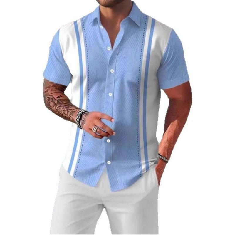 Men Striped Short Sleeve Shirt With Contrast Panels And Turn-down Collar