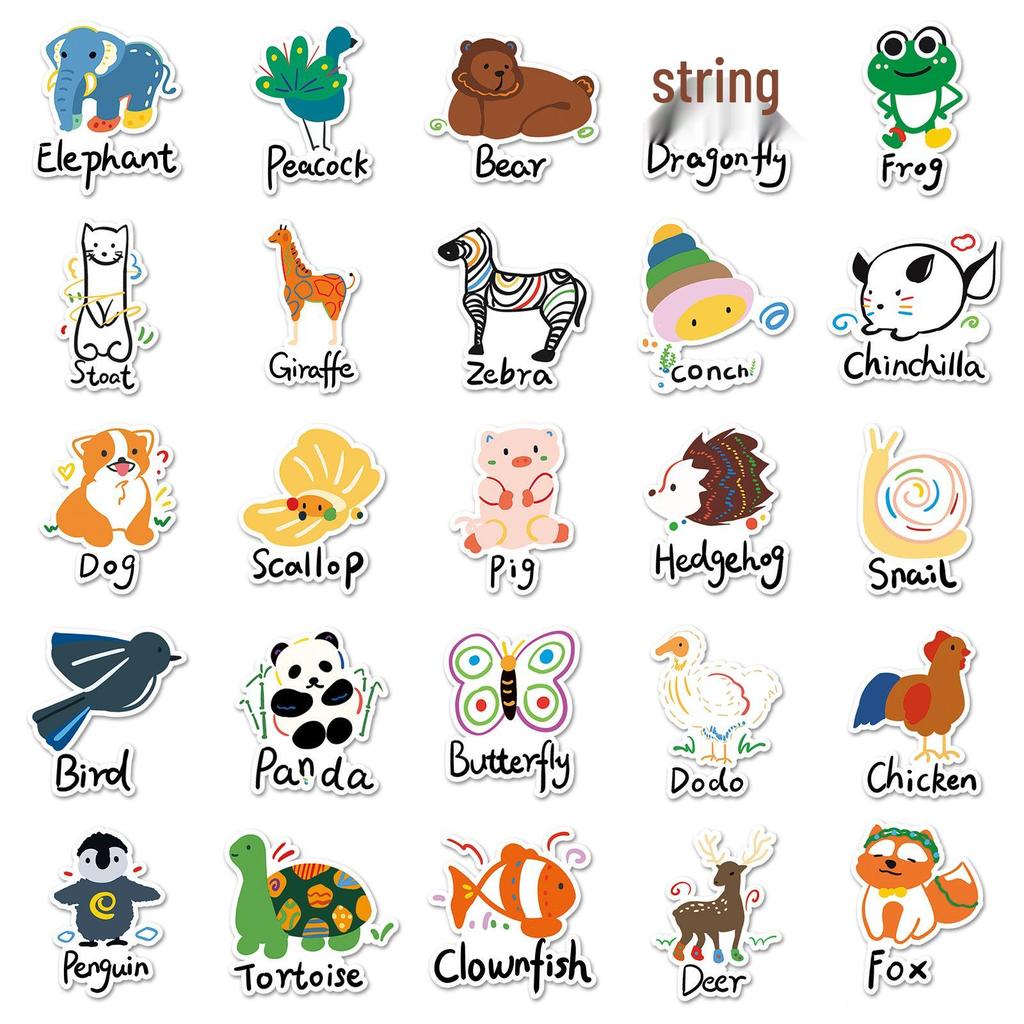 50 Cute Hand-Drawn Animal Cartoon Stickers for Skateboards, Luggage, and Water Bottles