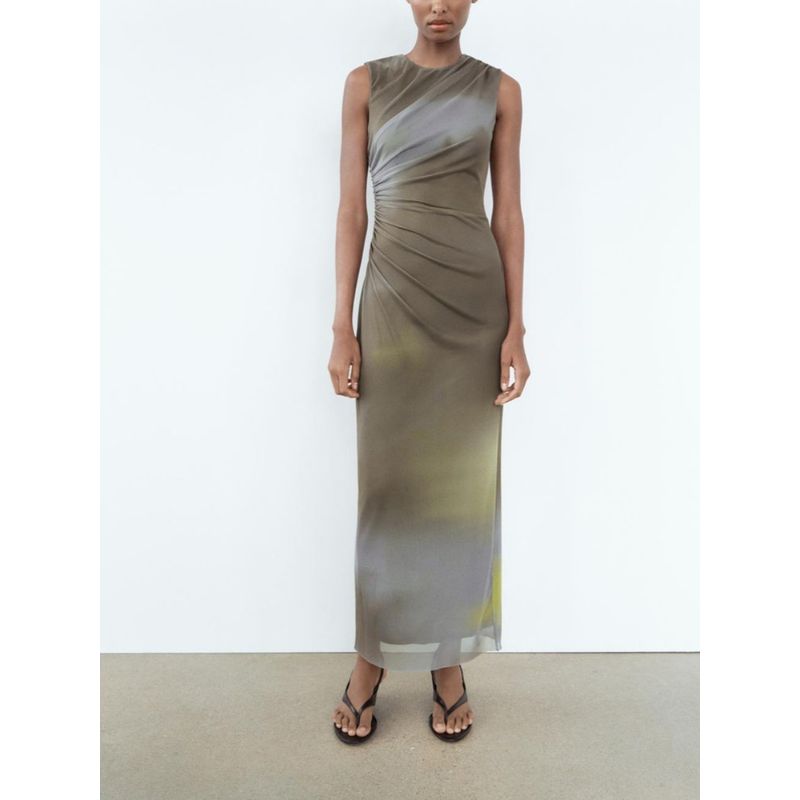 Za2024 Summer New Product Women's Clothes Silm Round Neck Sleeveless Ruched Decoration Midi Skirt Dress 3152320 250