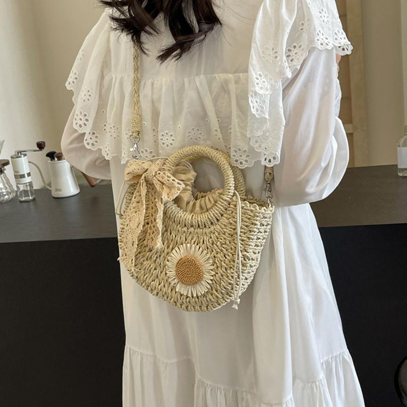 Yogodlns Women Straw Summer Beach Small Drawstring Shoulder Bag Fashion Woven Floral Decor Travel Half-moon Crossbody Bag