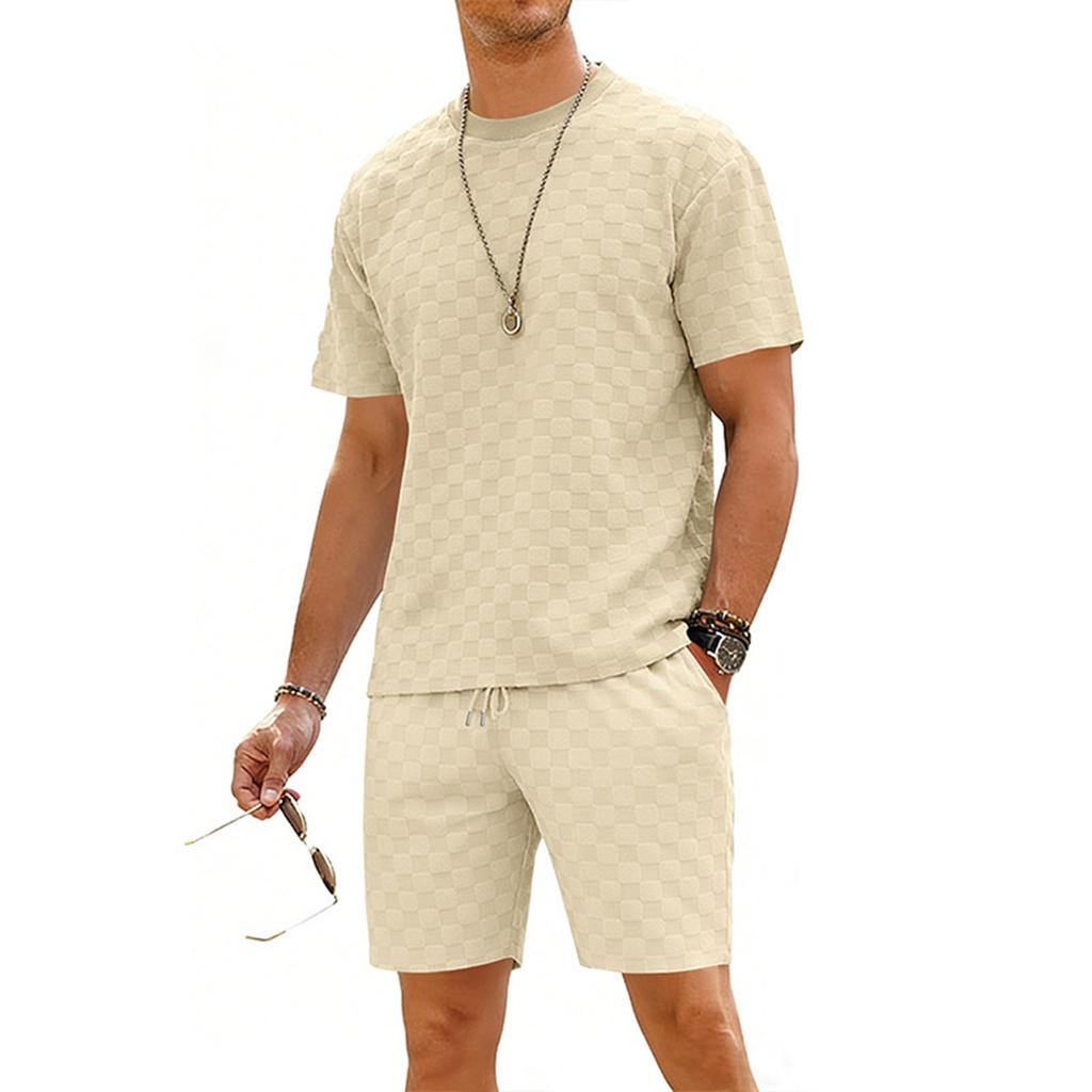 Men's Round Neck Checkered Casual Short Sleeve Drawstring Shorts Set