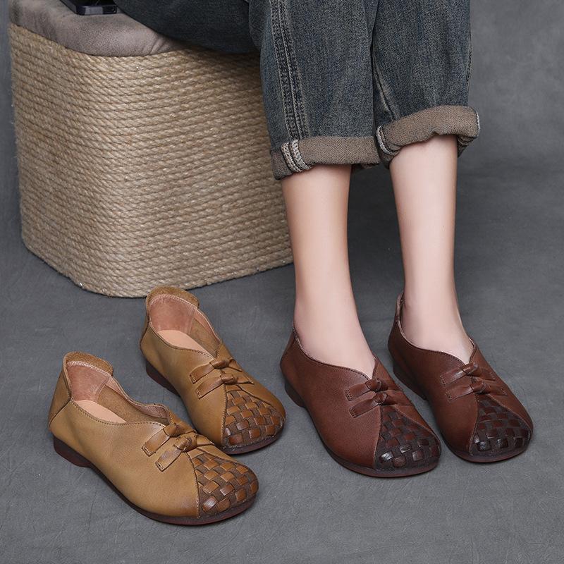 Johnature Genuine Leather Retro Soft Soled Slip-on Shoes Versatile Comfortable Women's Flat Shoes