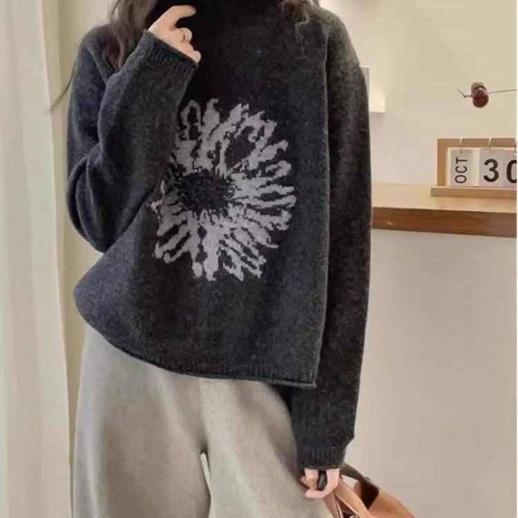 High Neck Knitted Sweater with Vintage Jacquard PatternSweater Autumn/winter Korean Style PulloverVersatile Loose Top