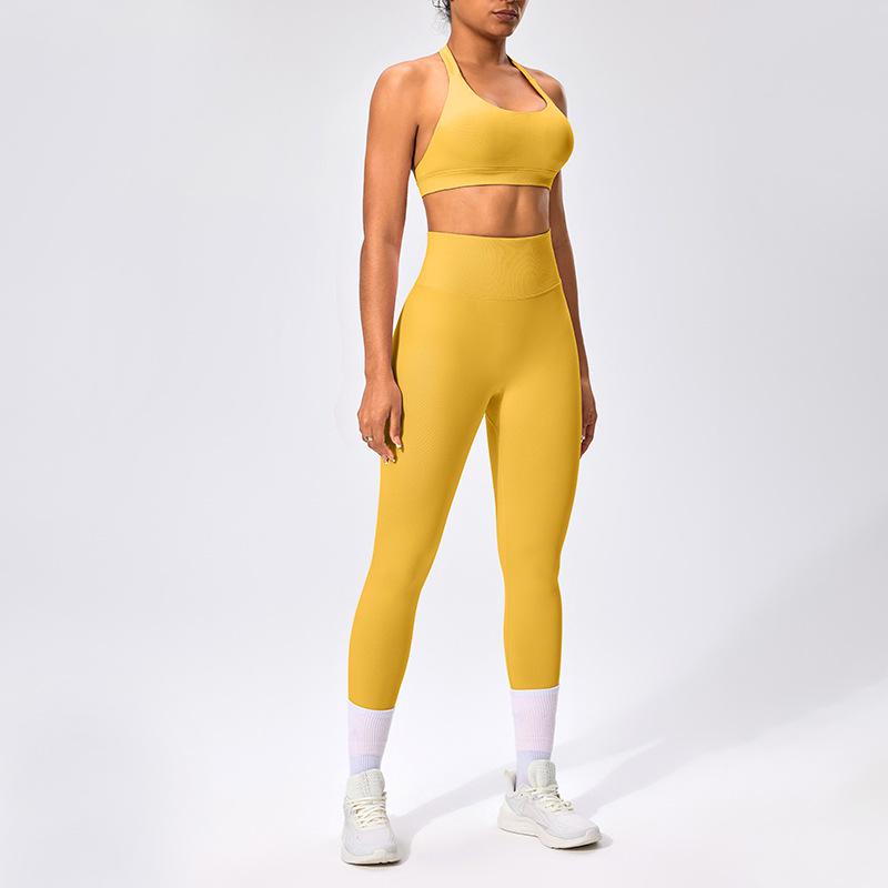 European & American Halter Neck Backless Sports Bra and High-Elastic Seamless Fitness Leggings Yoga Set for Women