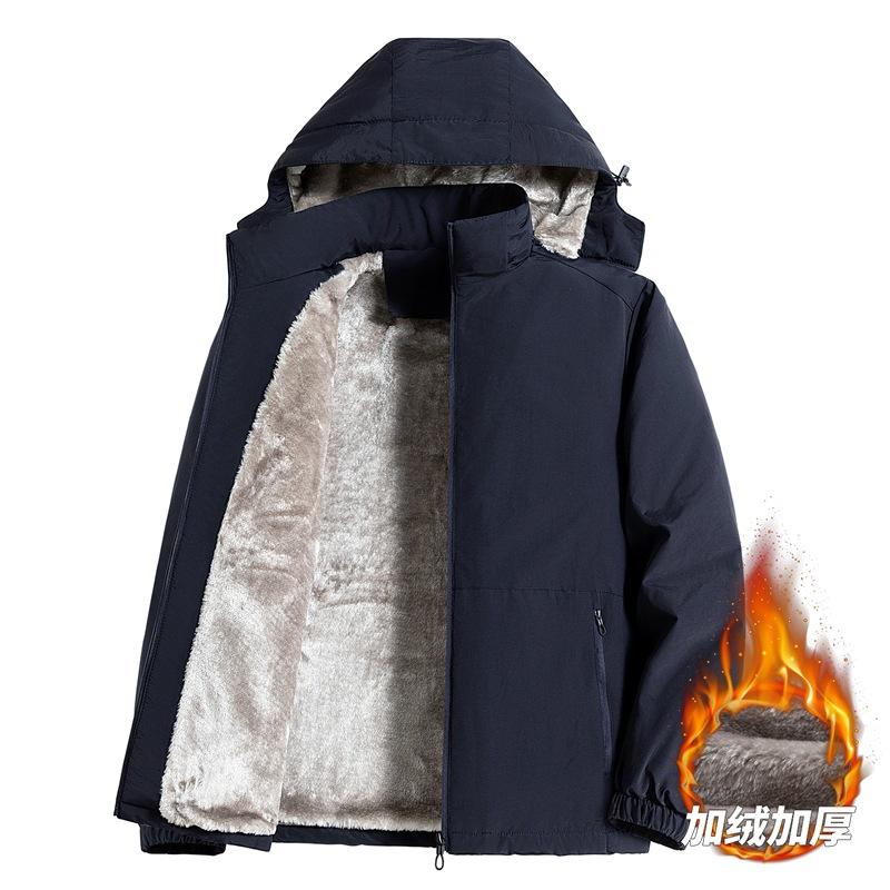 2025 Fleece Thickened Plus Size Jacket Fall and Winter Men's Middle-aged Solid Color Casual Hooded Warm Jacket Shirt Top