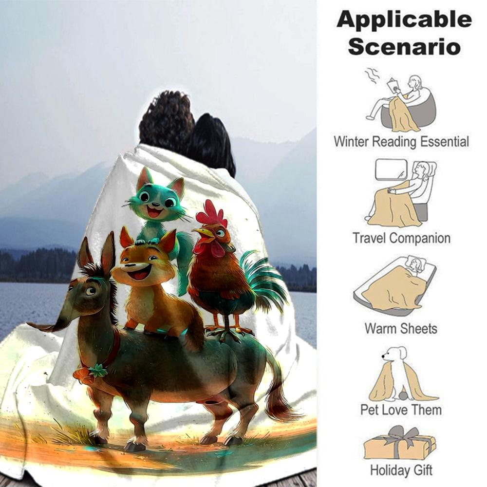 Fairy Tale Stacked Animals Musician Cartoon Print Flannel Throw Blanket Soft Warm Blanket for Sofa Bed Home Decor