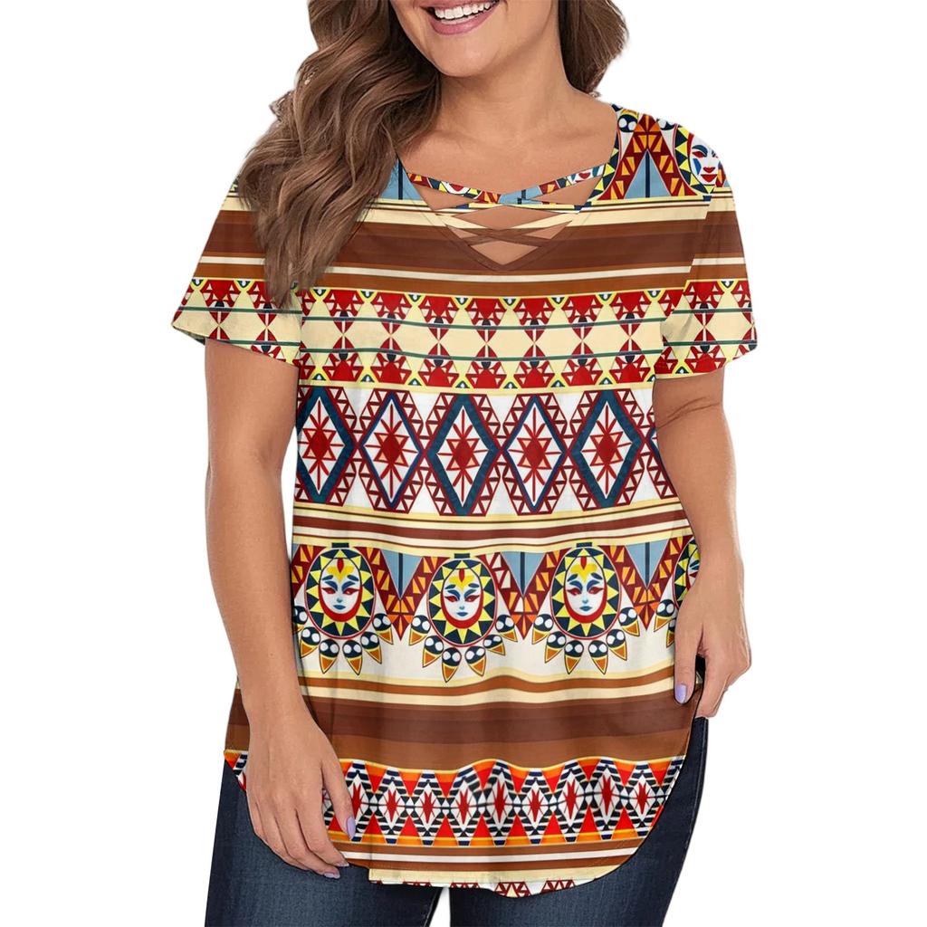 Women's Fashion Casual Printed V-Neck Short Sleeve Large Size T-Shirt Top
