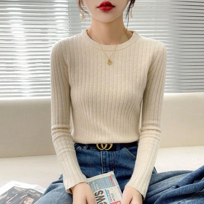 Women's Slim Fit Round Neck Knitted Sweater - Autumn/Winter Fashion, Long Sleeve, High-Quality Inner Layer Top.