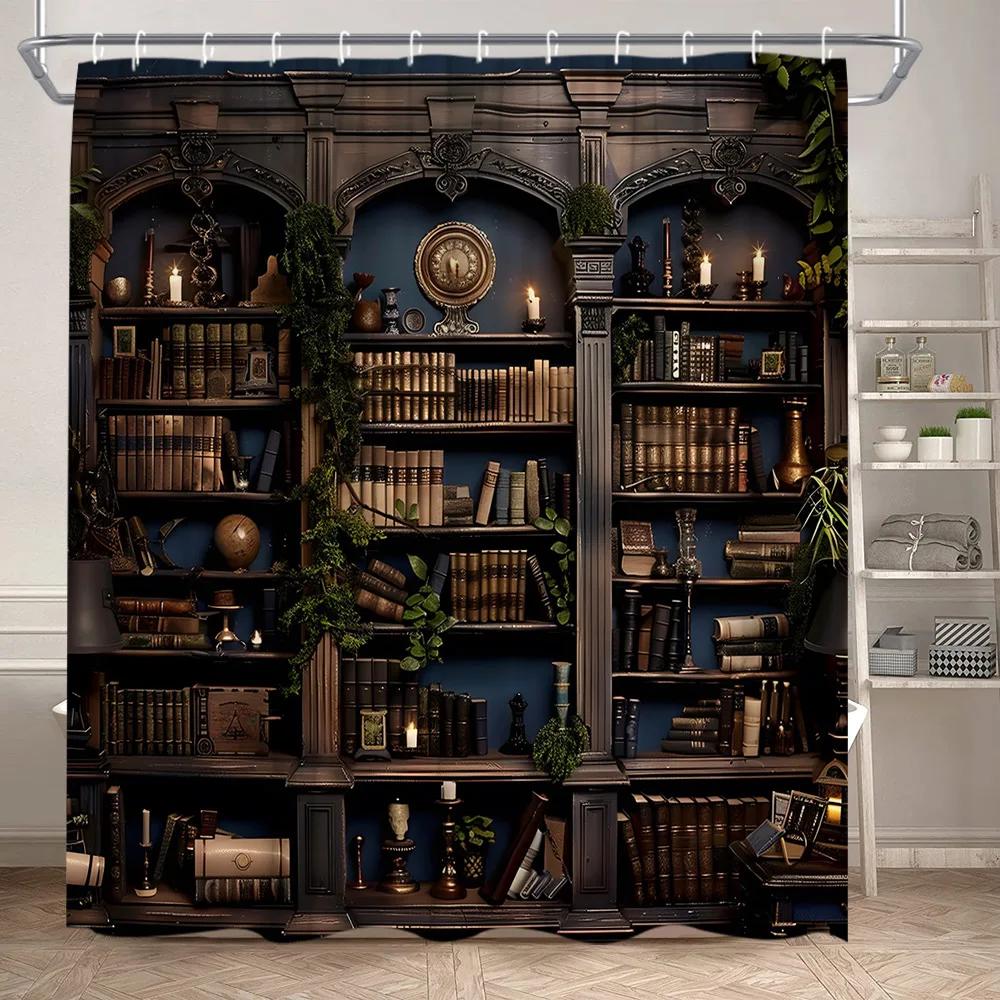 

Библиотека Занавеска для душа Винтаж Старая книга Книжные полки Листья растений Свечи Магия Дом Полиэстеровая ткань Декор для ванной комнаты Набор занавесок 90x180cm35x71in