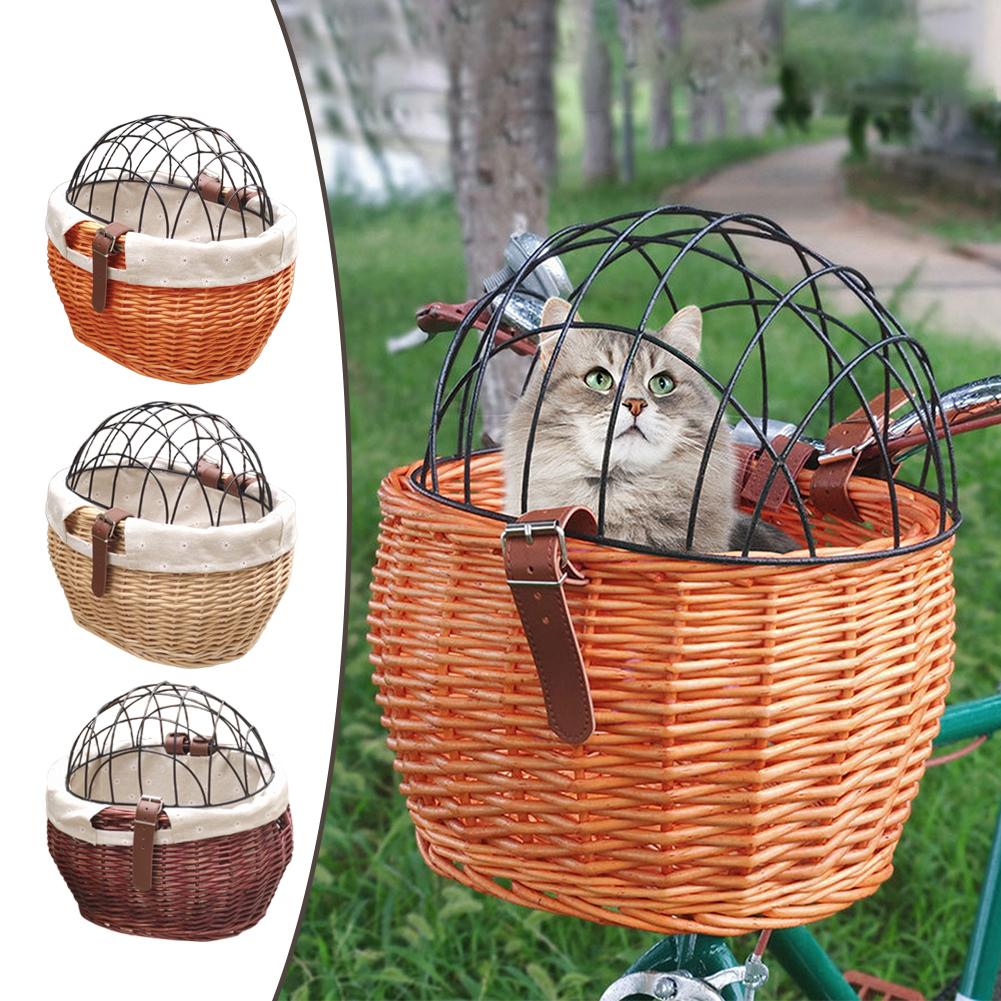 Wicker Bike Basket for Small Dogs Cats Pet Carrier Front Basket with Wire Mesh Cover