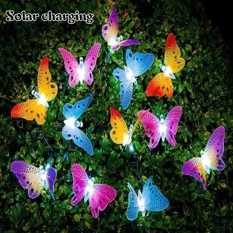 12 LED Solar Fiber Optic Butterfly Light String Garden Decoration Outdoor Light String