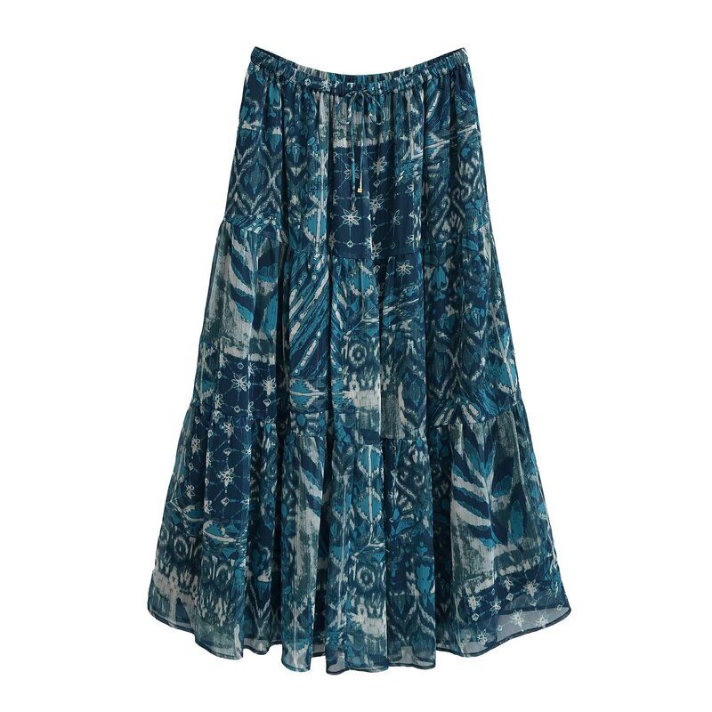 Fashion Style 2024 Spring New Retro Metal Color Line Print Blouse High Waist Skirt 2459806 330