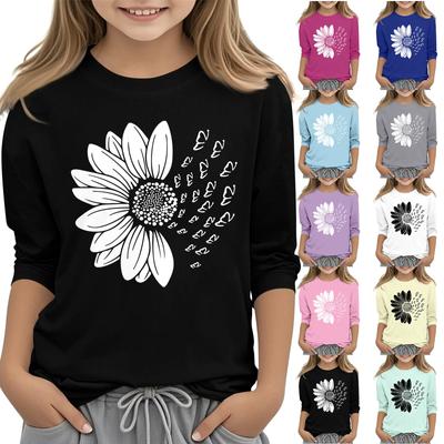 Children's 7 Point Sleeve Printed Sunflower Round Neck  Casual T-shirt
